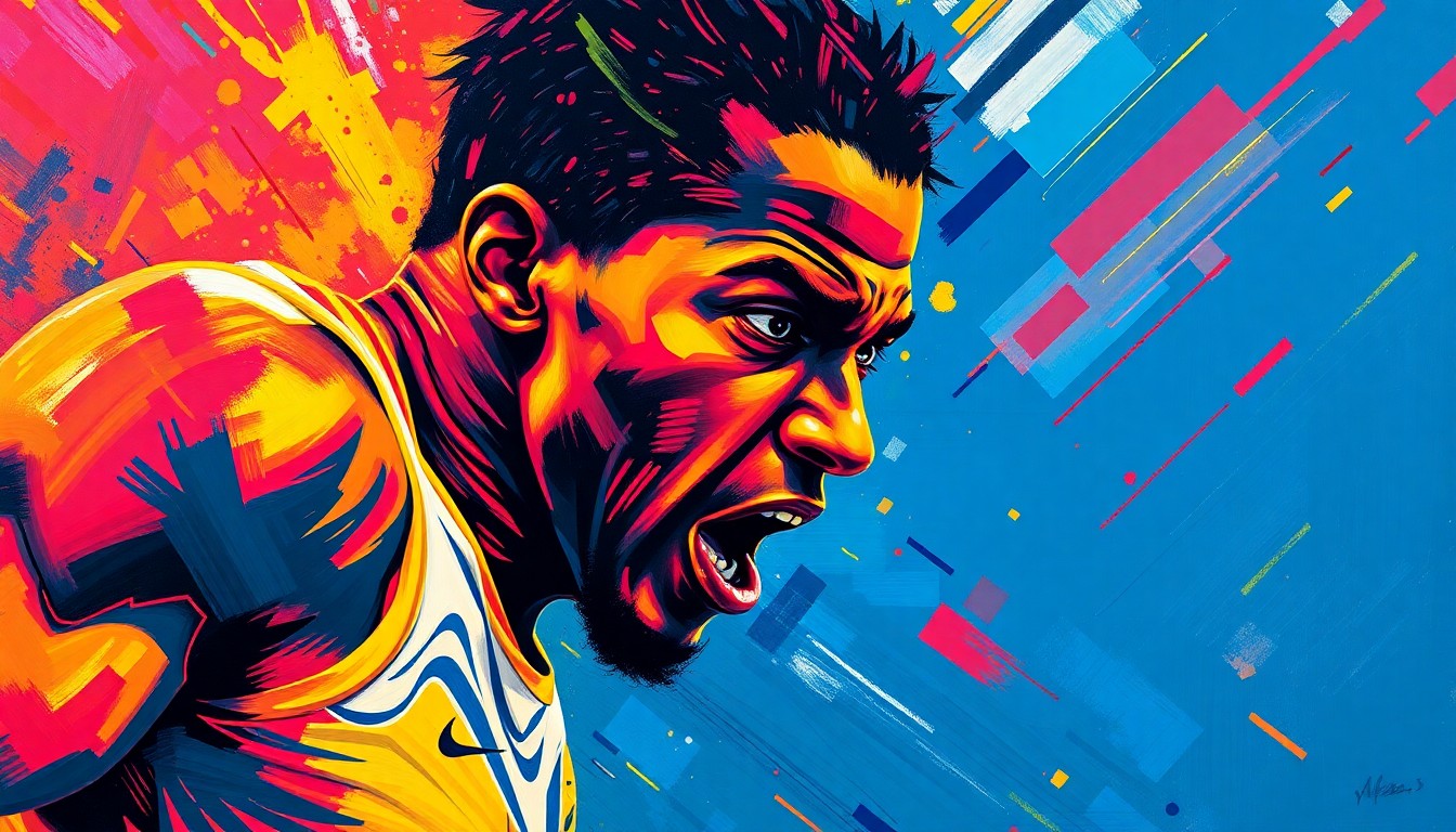 An abstract, energetic painting using vibrant neon colors and expressive brushstrokes to capture the emotional intensity and physical dynamism of an elite athlete performing under pressure.