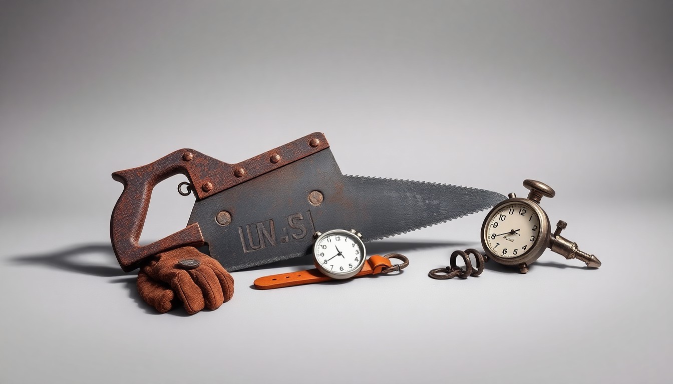 A photorealistic studio still life featuring a collection of vintage industrial tools and equipment arranged elegantly on a clean, monochromatic background, conceptually representing the hardships and sacrifices of manual labor.