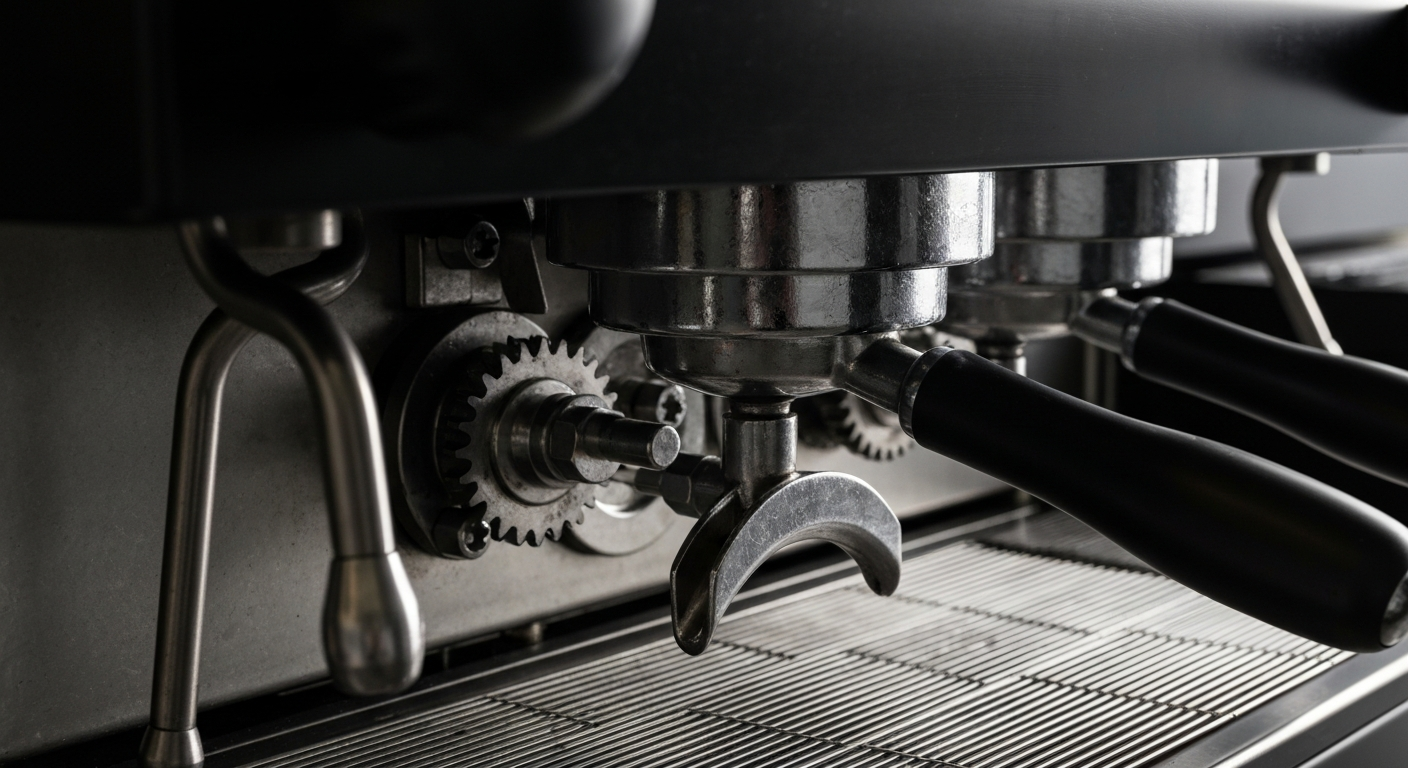 An extreme close-up of the complex inner workings of a commercial espresso machine, with metallic gears, valves, and mechanisms filling the frame and conveying a sense of the industrial scale and technological sophistication behind modern coffee production.