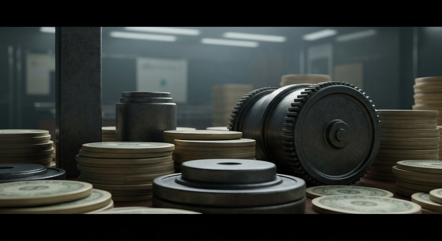 An extreme close-up of complex financial machinery and equipment, conveying a sense of institutional power and wealth without depicting any literal currency or financial symbols.