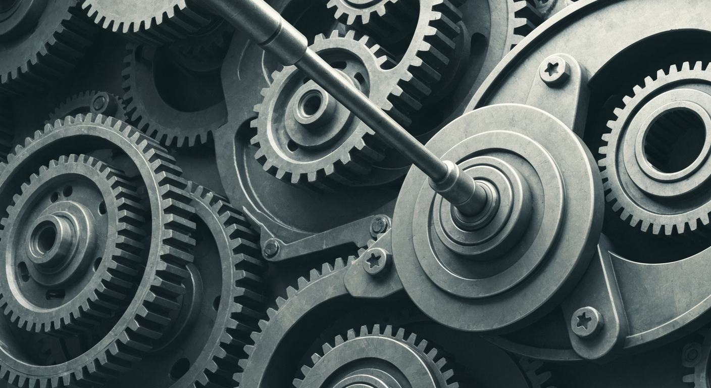 An extreme close-up of various metal gears, levers, and other industrial components in muted shades of grey, blue, and brown, conceptually representing the backend technology and infrastructure powering cloud-based field service management software.