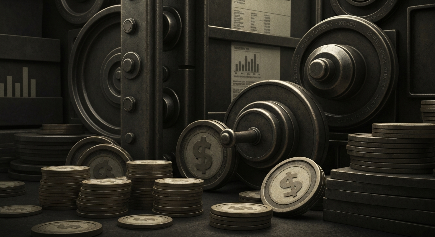 An extreme close-up of gears, levers, and other heavy industrial banking machinery, conveying the institutional power and stored wealth represented by the Netflix investment.