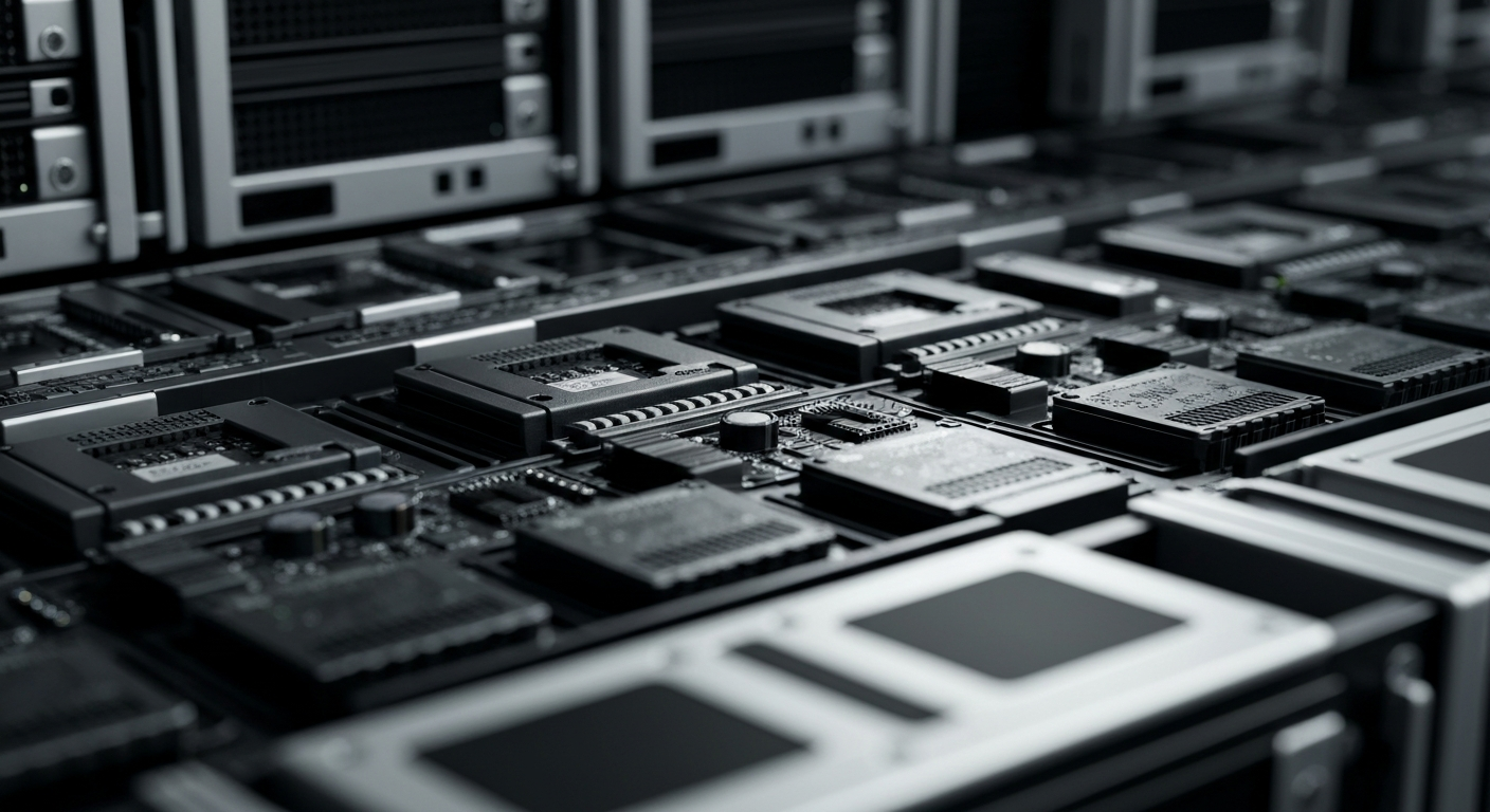 A highly detailed, black-and-white close-up image of various financial and technological equipment, representing the complex machinery that underpins the medical research industry and investment strategies.