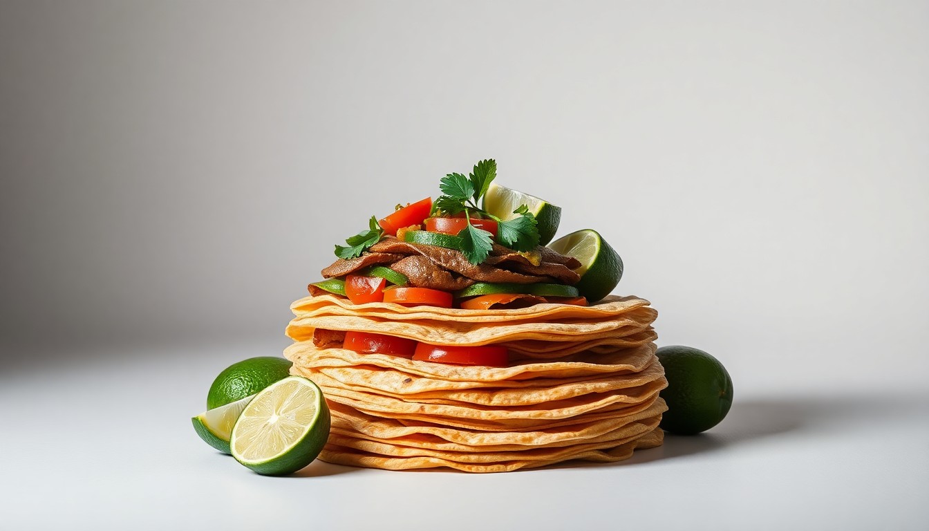 A high-end, photorealistic studio still-life photograph featuring a stack of Mexican-inspired ingredients such as tortillas, avocados, and limes, arranged elegantly on a clean, monochromatic seamless background, conceptually representing the abstract corporate strategy and financial performance of Chipotle Mexican Grill.