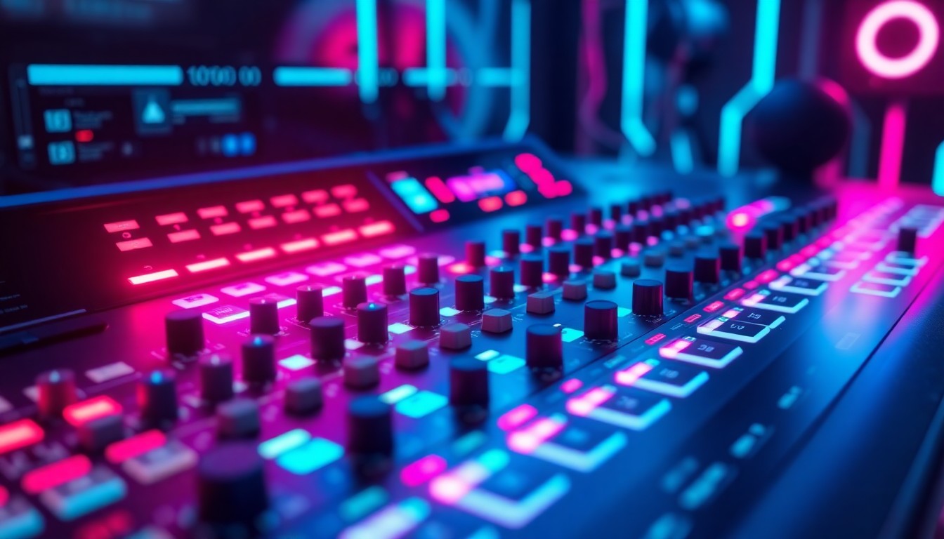 A highly detailed, 3D illustration of a futuristic audio mixing console with glowing neon lights, conceptually representing the advanced technology powering modern broadcast audio solutions.