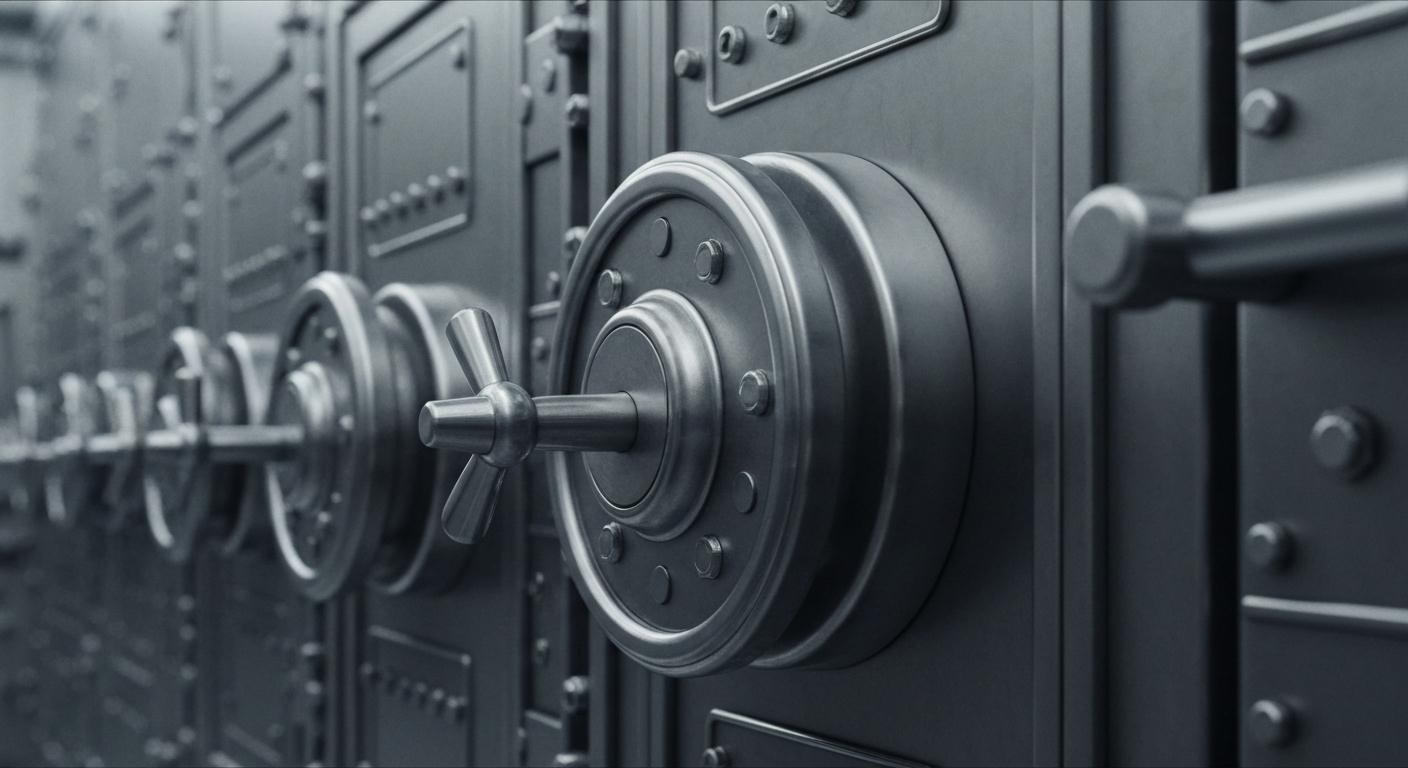 An extreme close-up of gleaming, industrial banking equipment and vaults, conveying the institutional scale and financial security of Walmart's retail operations.