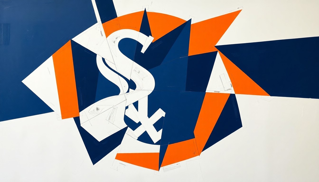 A fractured, geometric painting in bold colors depicting the dynamic action of a baseball game, with overlapping shapes and planes representing the offensive surge of the White Sox against the Athletics.