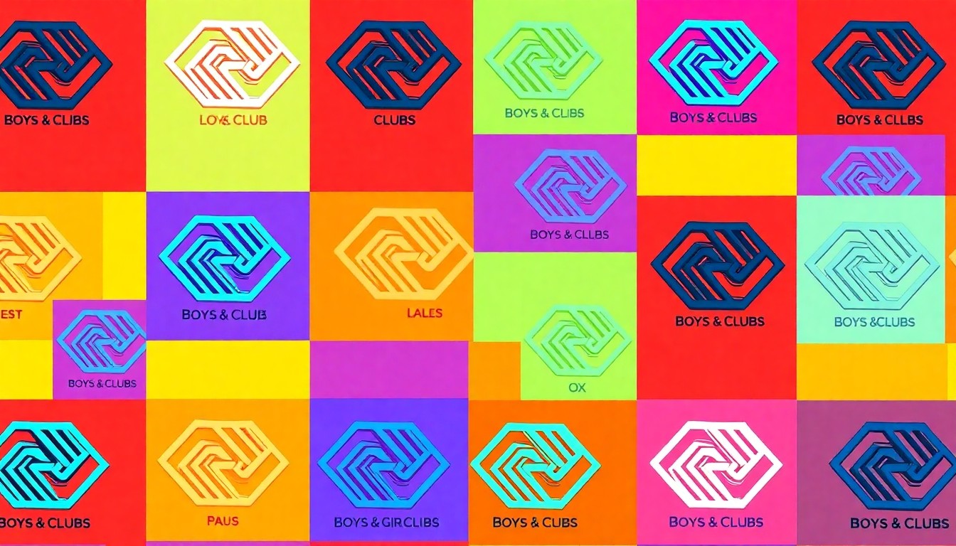 A bold, colorful silkscreen-style illustration featuring a repeated icon or logo of the Boys & Girls Clubs, rendered in a high-contrast, neon-infused pop art style that captures the celebratory spirit of Emelia Pendergraft's award.