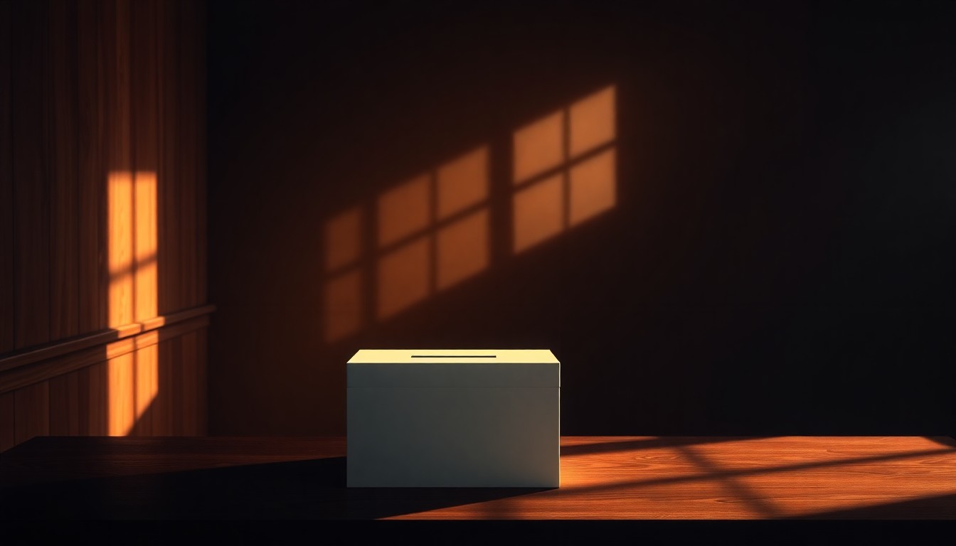 An extreme close-up of a solitary ballot box sitting on a wooden table in a dimly lit room, the box's surface reflecting a warm, golden light that casts deep shadows across the scene, creating a sense of quiet contemplation and unease.