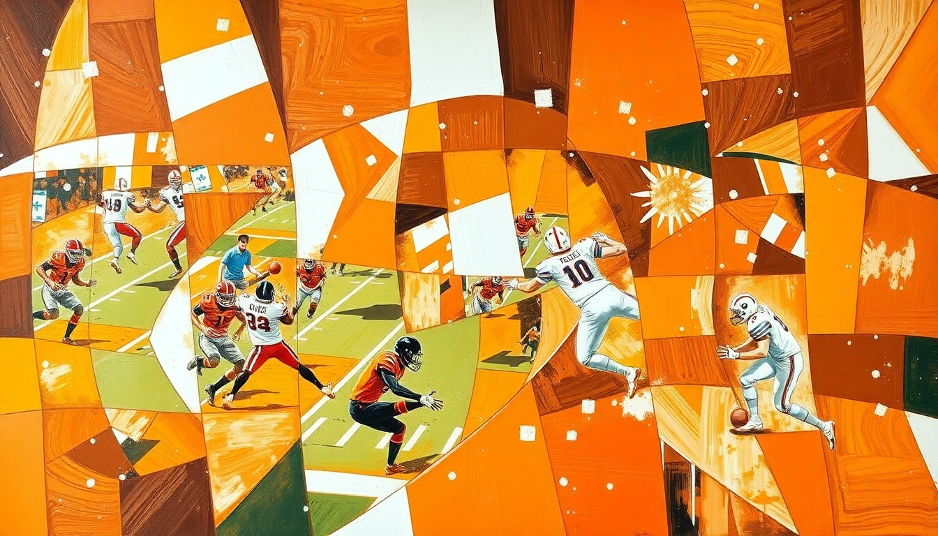 A cubist, geometric painting depicting fragmented football players and equipment, using the team's signature orange and brown colors to represent the Browns' offseason roster changes.