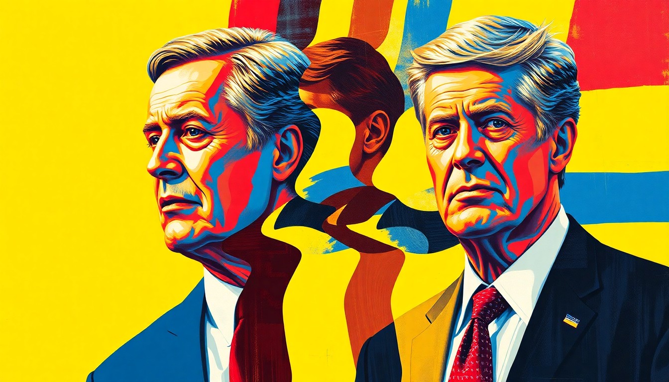 A dynamic, abstract painting featuring overlapping, fractured figures of two politicians in suits, rendered in bold, contrasting colors that convey a sense of motion and intensity.