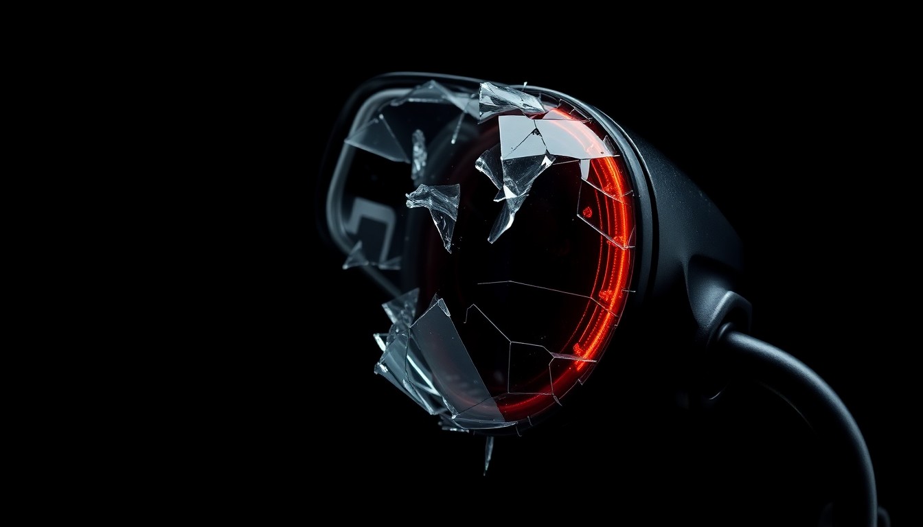 An extreme close-up photograph of a damaged motorcycle mirror or turn signal lens, with shattered glass and twisted metal reflecting a harsh, bright light, conceptually representing the aftermath of a serious collision.