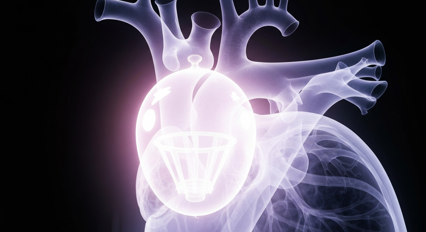 An ethereal, ghostly X-ray image revealing the delicate internal structure of a human heart, with the outline of the Volt PFA System's balloon-and-spline design glowing softly against the dark background, conceptually illustrating the technology's ability to precisely target and treat irregular heart rhythms.