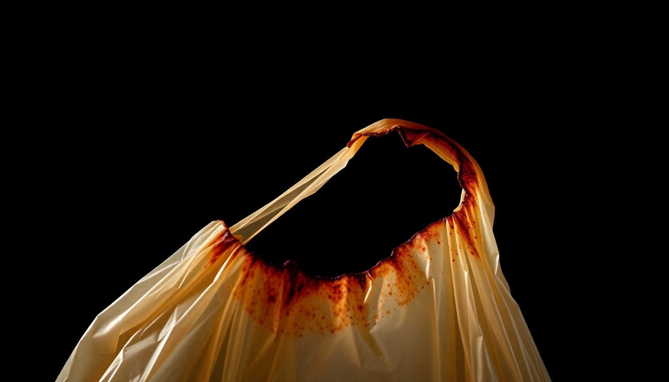 An extreme close-up photograph of a charred, melted plastic shopping bag handle against a pitch-black background, conveying the gritty aftermath of a series of mall fires through dramatic lighting and stark, textural details.