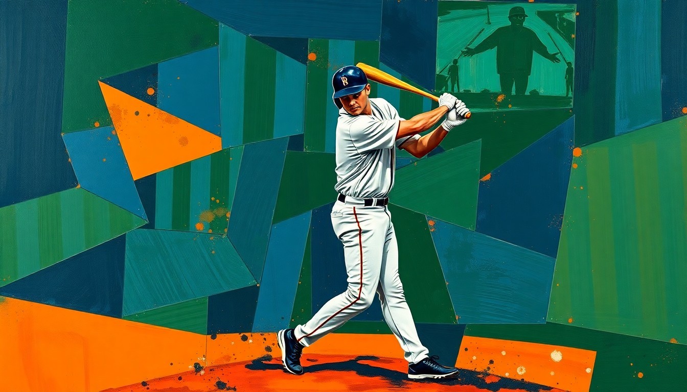 A fractured, geometric painting depicting a baseball player's batting stance and swing broken down into sharp, overlapping planes of navy, green, and orange, conveying the difficulties Murakami faces in adapting his game to the major leagues.