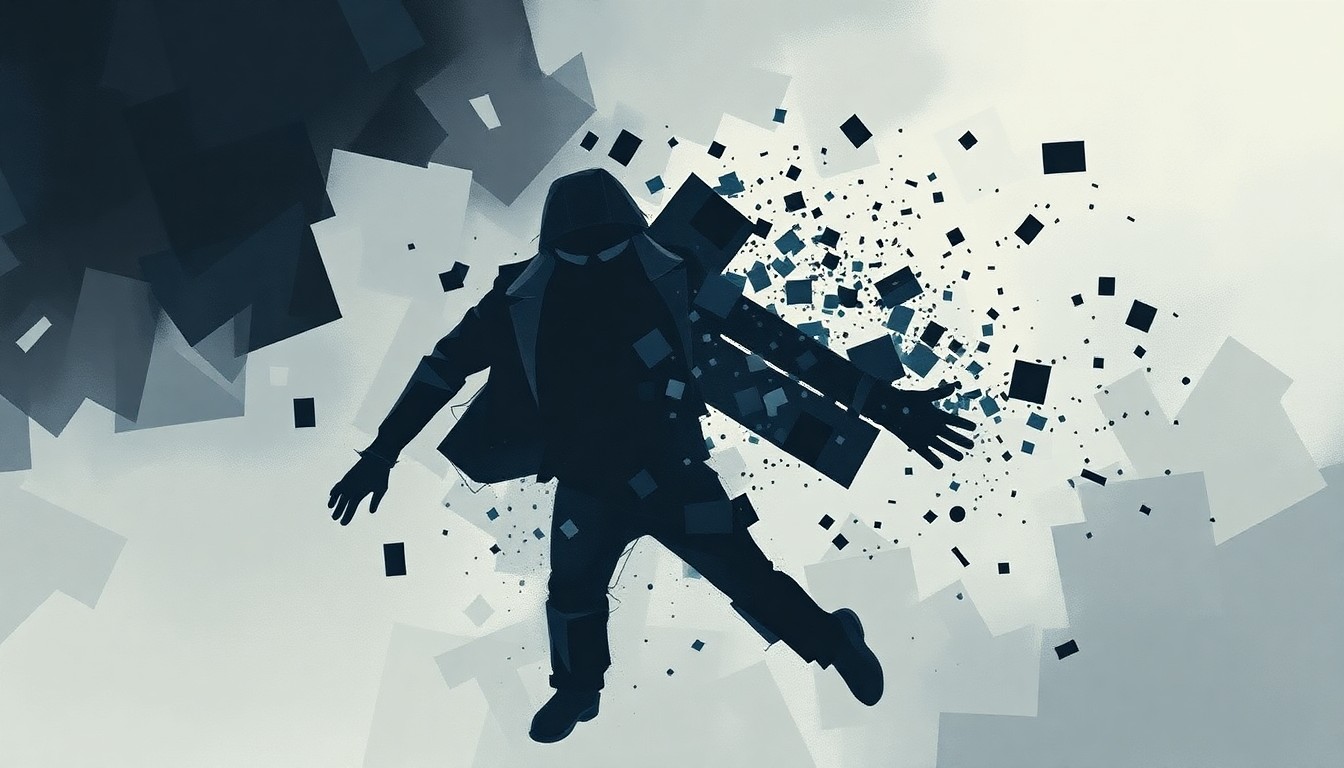 A fractured, abstract painting in shades of grey, blue, and black depicting a shadowy figure in motion, conveying the chaos and disruption of an aggressive immigration enforcement operation.