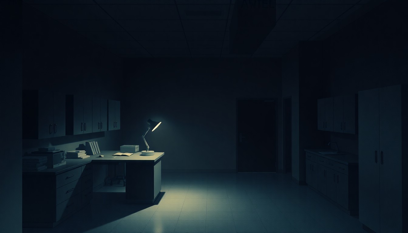 A moody, cinematic painting of a dimly lit government research laboratory at night, with a single desk lamp casting long shadows and a sense of quiet unease, conceptually representing the unsettling pattern of incidents.