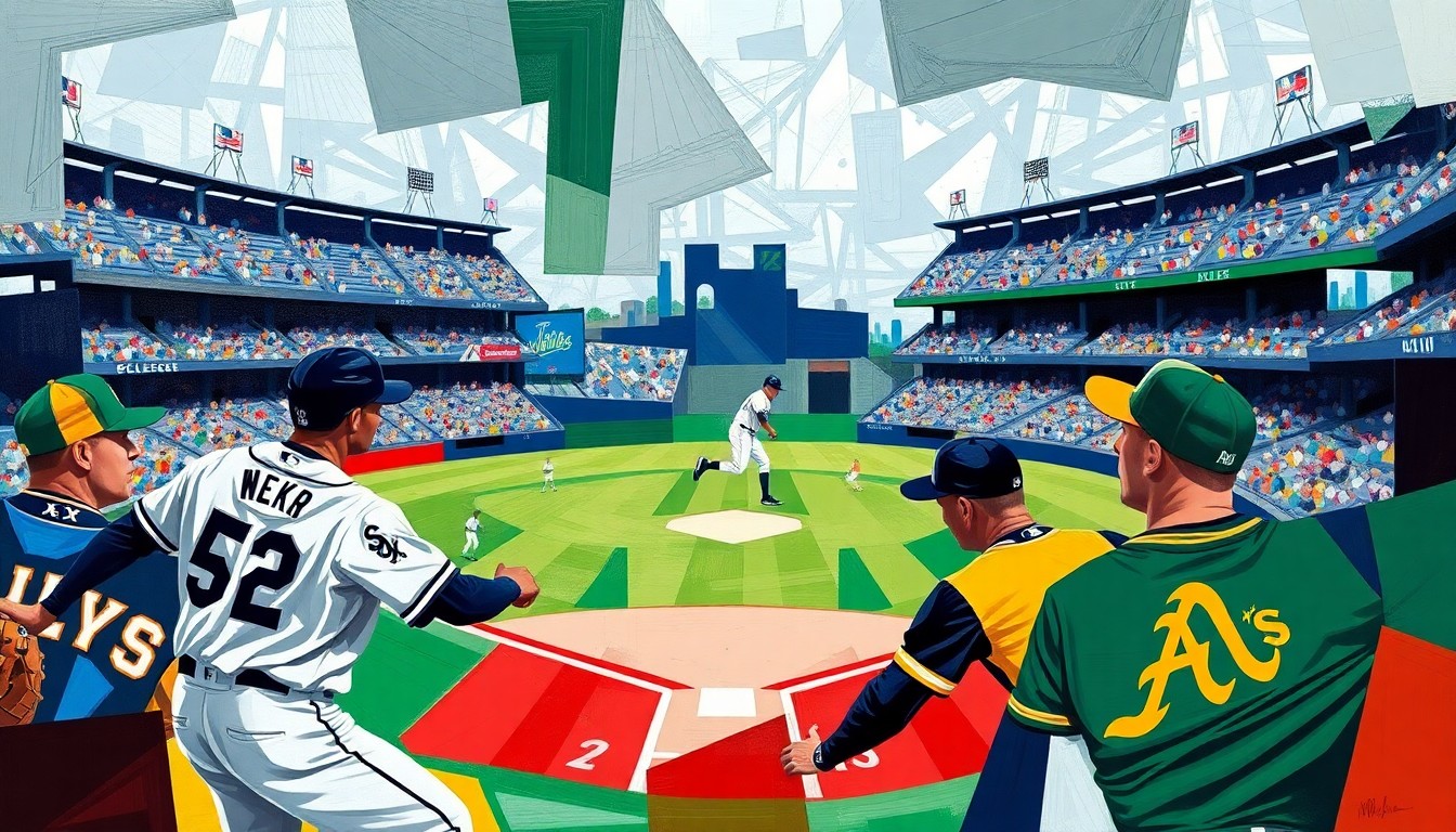A fragmented, geometric painting in vibrant blues, silvers, reds, greens, and golds, representing the action and excitement of a baseball game between the White Sox and Athletics.