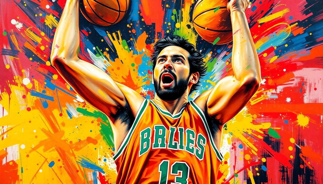 An abstract, expressionist painting in neon colors depicting the shooting motion and raw athletic energy of a basketball player, their face and jersey dissolving into unrecognizable brushstrokes.