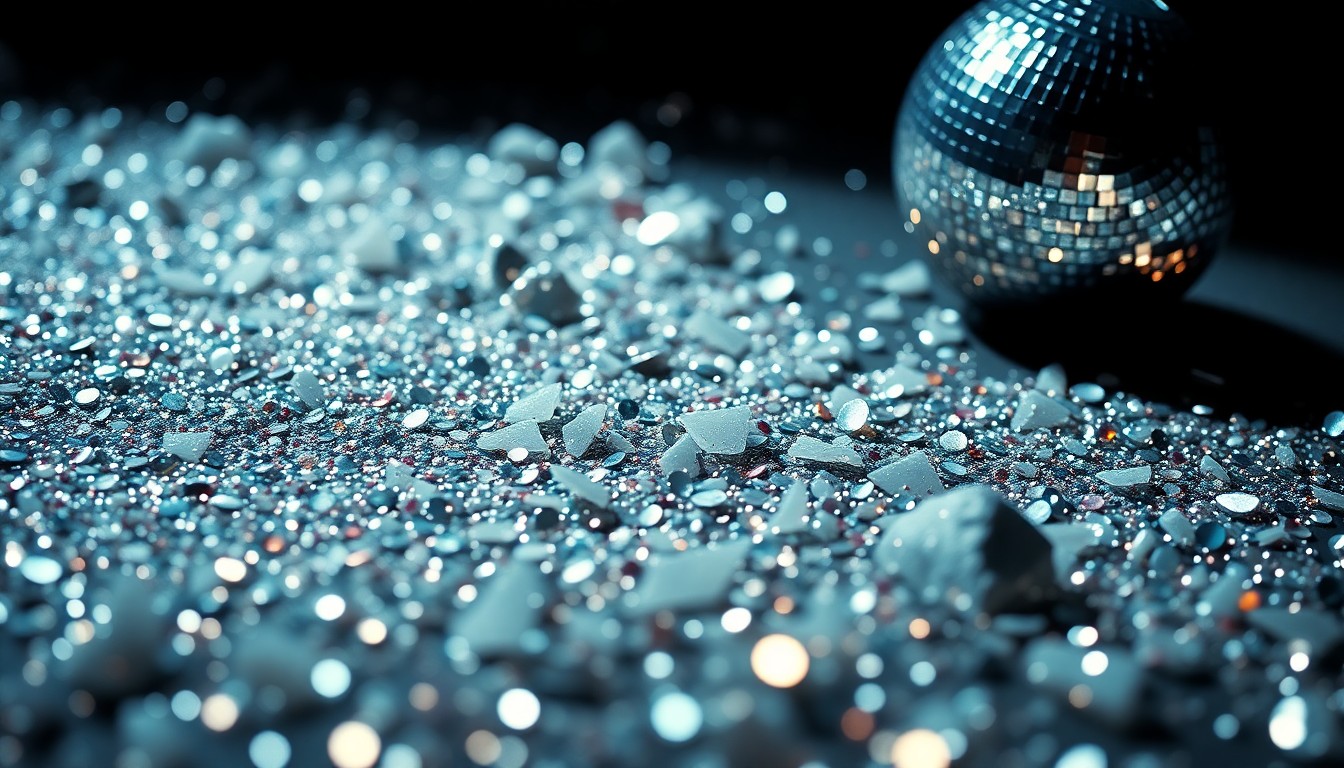 An abstract close-up photograph of shimmering sequins and shattered glass, capturing the glamorous aesthetic that influenced Hathaway's Beyoncé-inspired vocal performance.