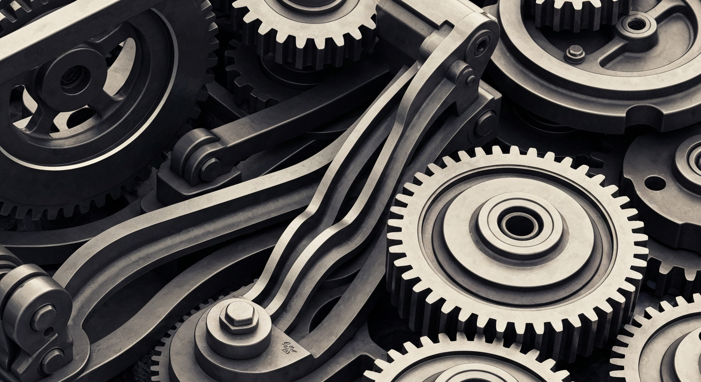 A cinematic close-up of interlocking metal gears and levers, conveying the complex financial machinery behind a major consumer brand without using literal currency or charts.