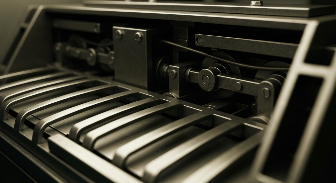 An extreme close-up of the intricate gears and mechanisms of a McDonald's cash register, conveying the company's institutional banking power and financial security.