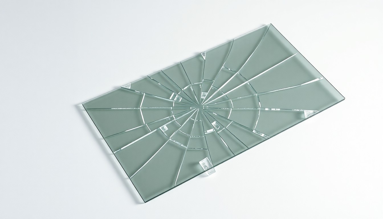 A photorealistic studio still-life image showing a shattered glass window pane lying on a clean, monochromatic background, symbolizing the fragility of small businesses facing urban challenges like vandalism and crime.