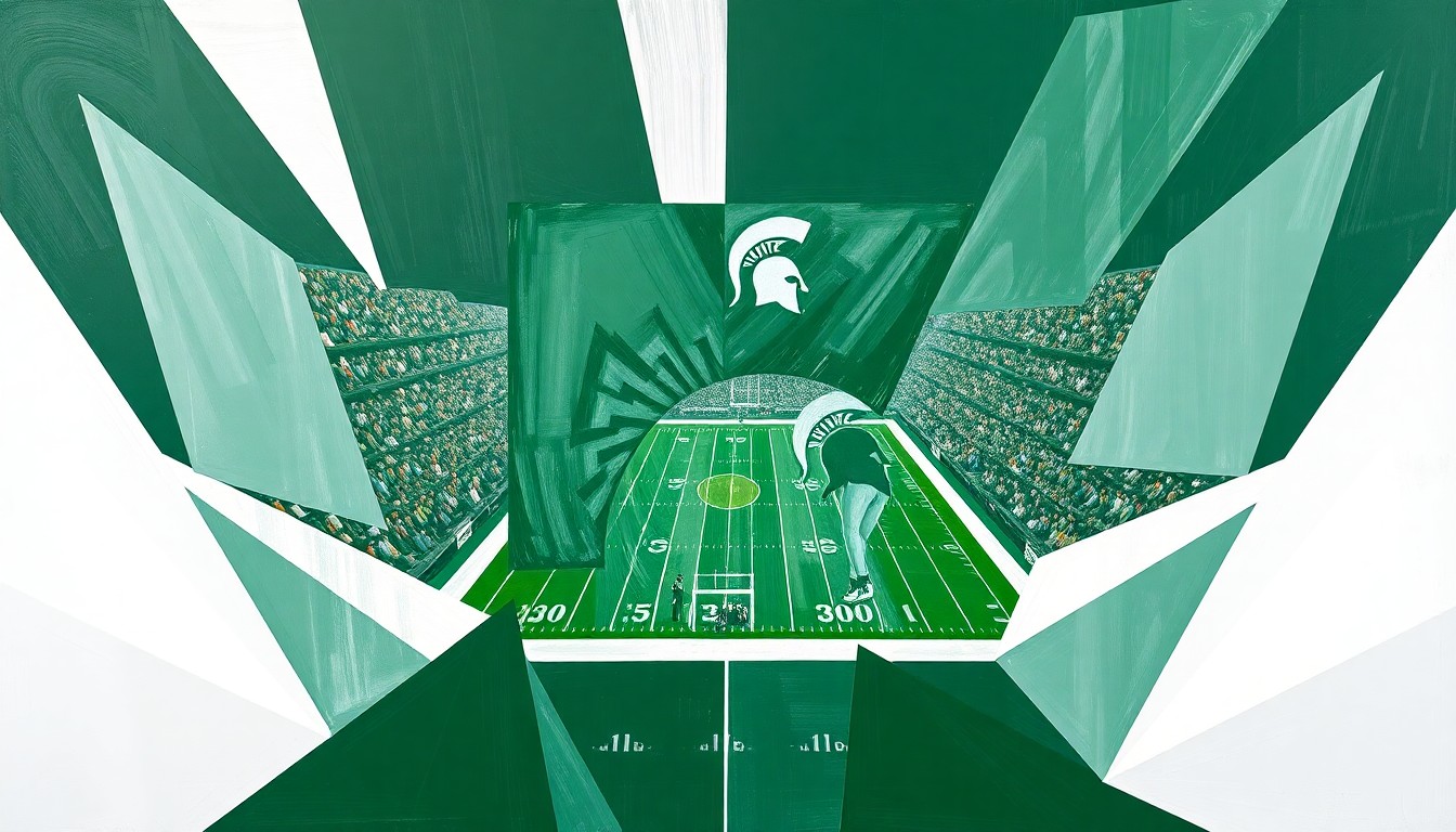 A fragmented, geometric painting in shades of green and white, depicting the motion and intensity of a college football game in an abstract, deconstructed style.