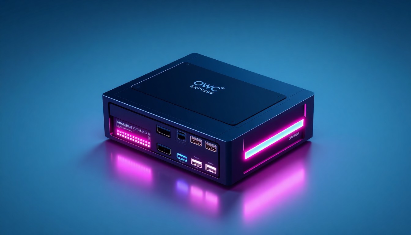 A highly detailed, glowing 3D illustration of a sleek, angular NVMe SSD enclosure with illuminated ports and components in a palette of neon cyan and magenta, conceptually representing the OWC Express 4M2 Ultra's advanced Thunderbolt 5 technology.