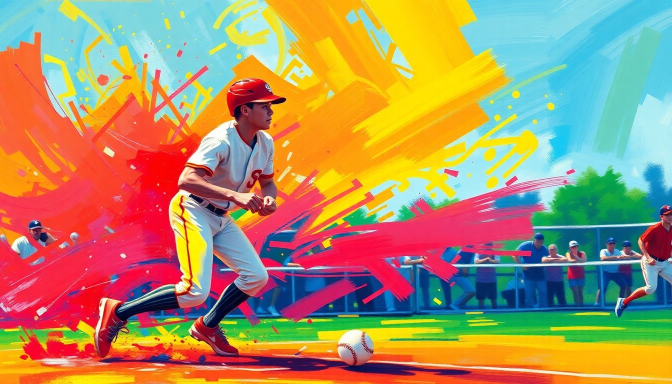 An abstract, expressionist painting in neon colors depicting the dynamic motion and energy of a high school baseball or softball game, without any recognizable faces, logos or text.