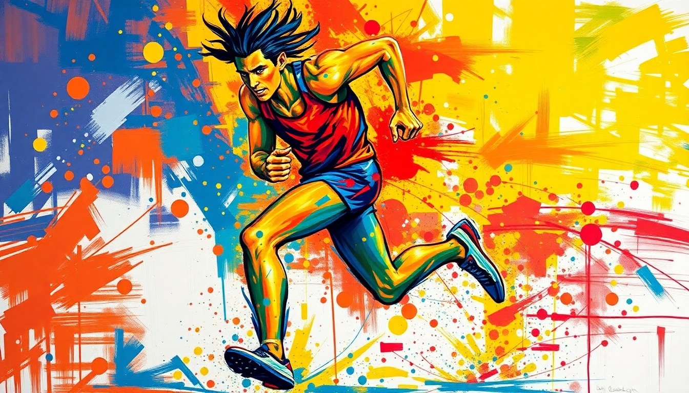 An extreme close-up of a runner's legs in mid-stride, captured in a vibrant, expressionist painting style using rapid brushstrokes and neon colors to convey the raw energy and movement of the athlete.