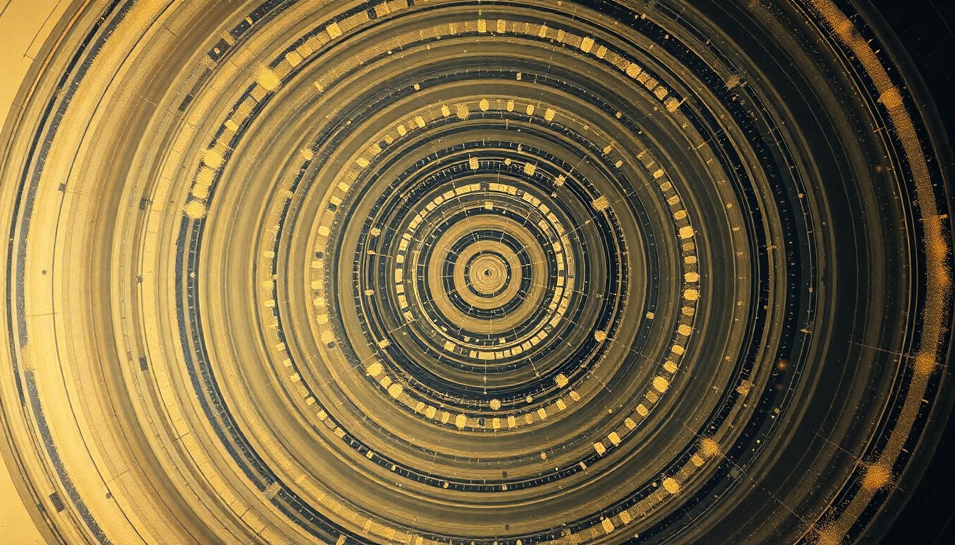 An abstract, highly structured painting featuring sweeping geometric arcs, concentric circles, and precise botanical spirals in earthy tones, conceptually representing the complex and fluctuating patterns of global nighttime light pollution as captured by satellite imagery.