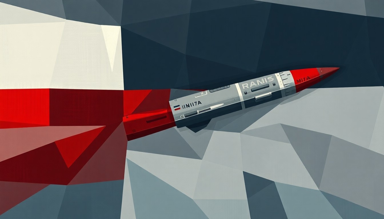 A dynamic, abstract painting featuring fractured, overlapping shapes and lines in shades of blue, gray, and red, conveying a sense of motion and conflict related to the U.S. military operation against Iran.