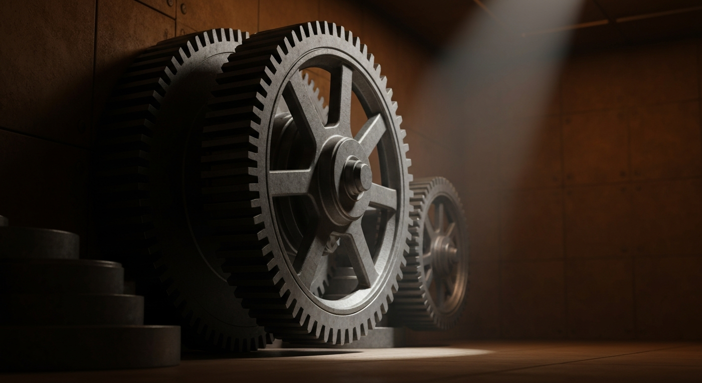 An extreme close-up of complex, industrial banking machinery and gears, conveying a sense of institutional financial power and security without using any text or identifiable elements.