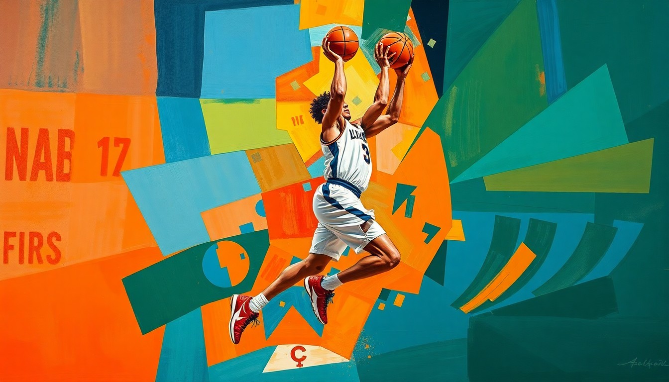 A fragmented, cubist-style painting depicting the dynamic movements of a basketball player, with sharp geometric shapes and vibrant colors representing the energy and intensity of the sport.
