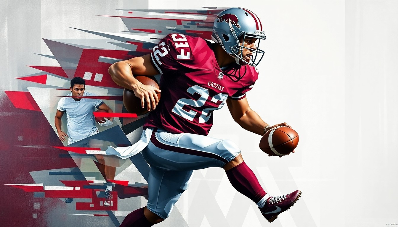 A fragmented, geometric painting depicting the movements and actions of a football player, rendered in the style of Pablo Picasso using the official colors of the Montana Grizzlies.