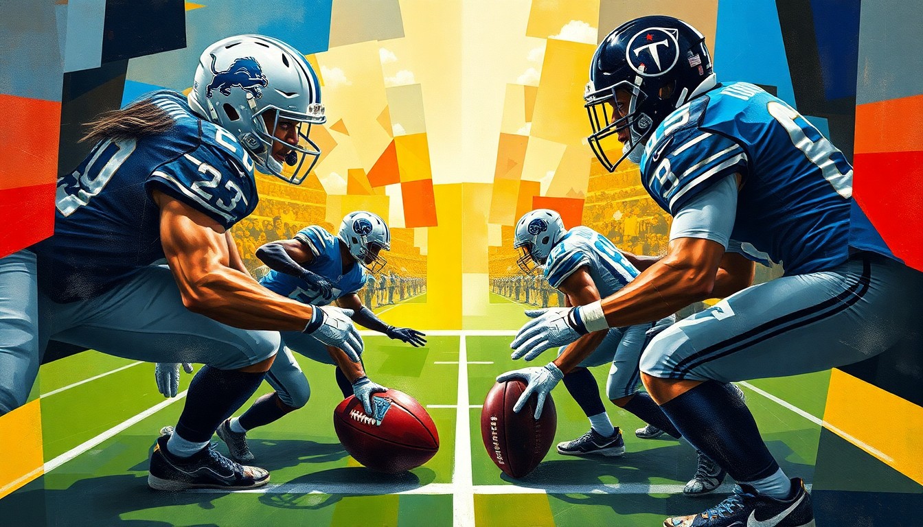 A fractured, geometric painting depicting the overlapping movements and actions of two football players, conceptually representing the potential impact of pairing defensive stars Jeffery Simmons and Aidan Hutchinson on the Detroit Lions' defensive line.