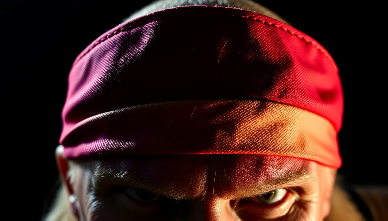 An extreme close-up photograph of a worn, weathered wrestling headband, capturing the texture and material in dramatic, high-contrast studio lighting to represent the iconic legacy of Hulk Hogan.