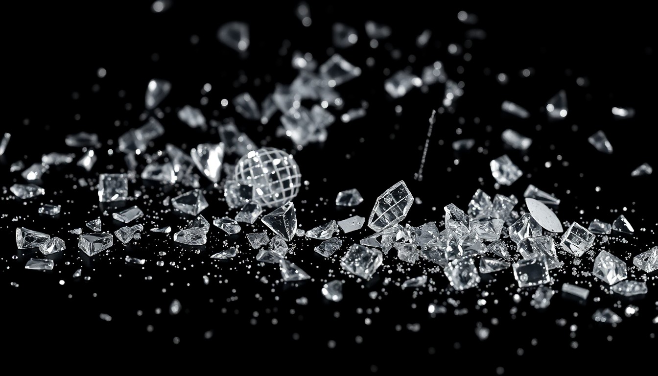 An extreme close-up photograph of shattered, glittering disco ball glass fragments against a dramatic black background, conveying the dazzling yet fragile nature of celebrity culture and fan obsession.