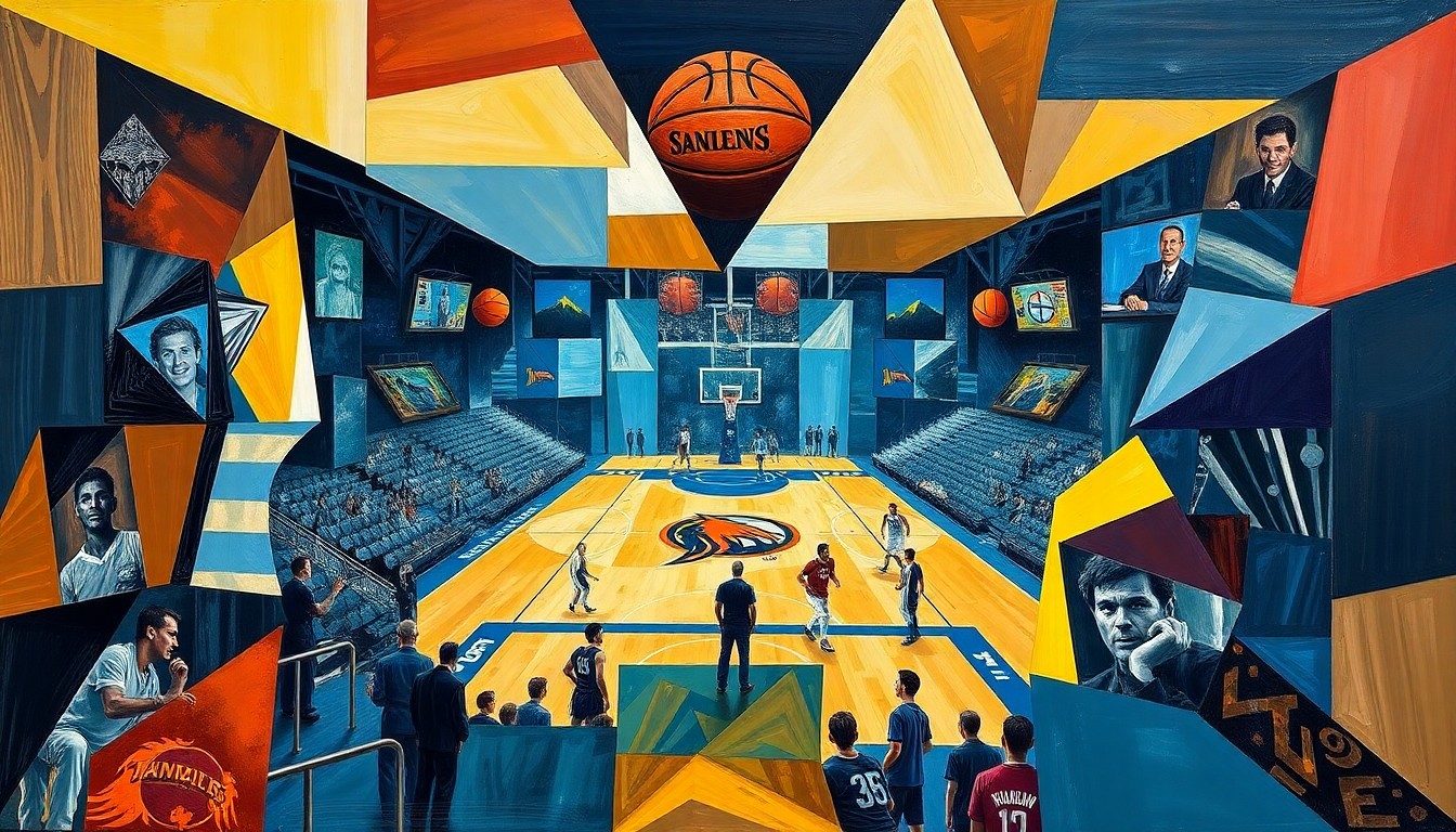 A fragmented, geometric painting depicting a basketball game, with sharp, overlapping shapes and planes representing the intensity and uncertainty of the playoff series.