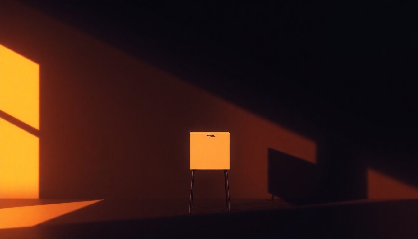 A serene, photorealistic painting of a lone ballot box or voting booth set against a dimly lit urban backdrop, with warm light streaming in from an unseen window, creating deep shadows and a contemplative mood.