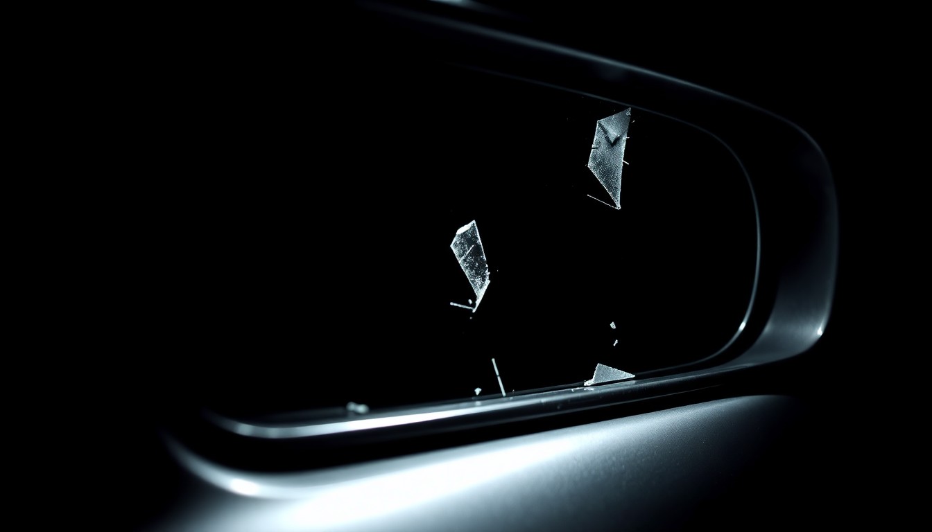 An extreme close-up photograph of a damaged car sensor or side mirror, lit by a harsh, direct camera flash against a pitch-black background, conceptually illustrating the evidence gathered in a hit-and-run investigation.