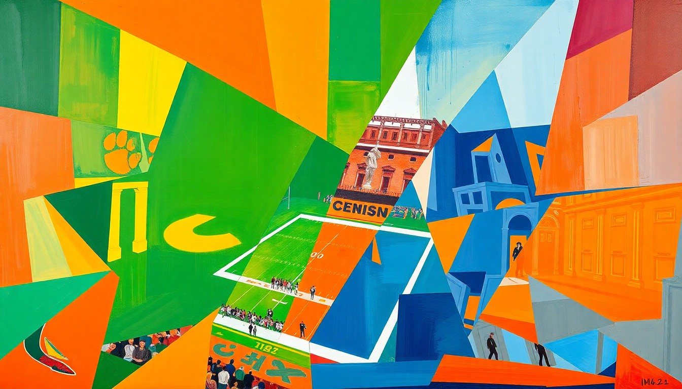 A fragmented, geometric painting in bold colors depicting the dynamic action and strategic elements of a college football game, without any identifiable players or teams.