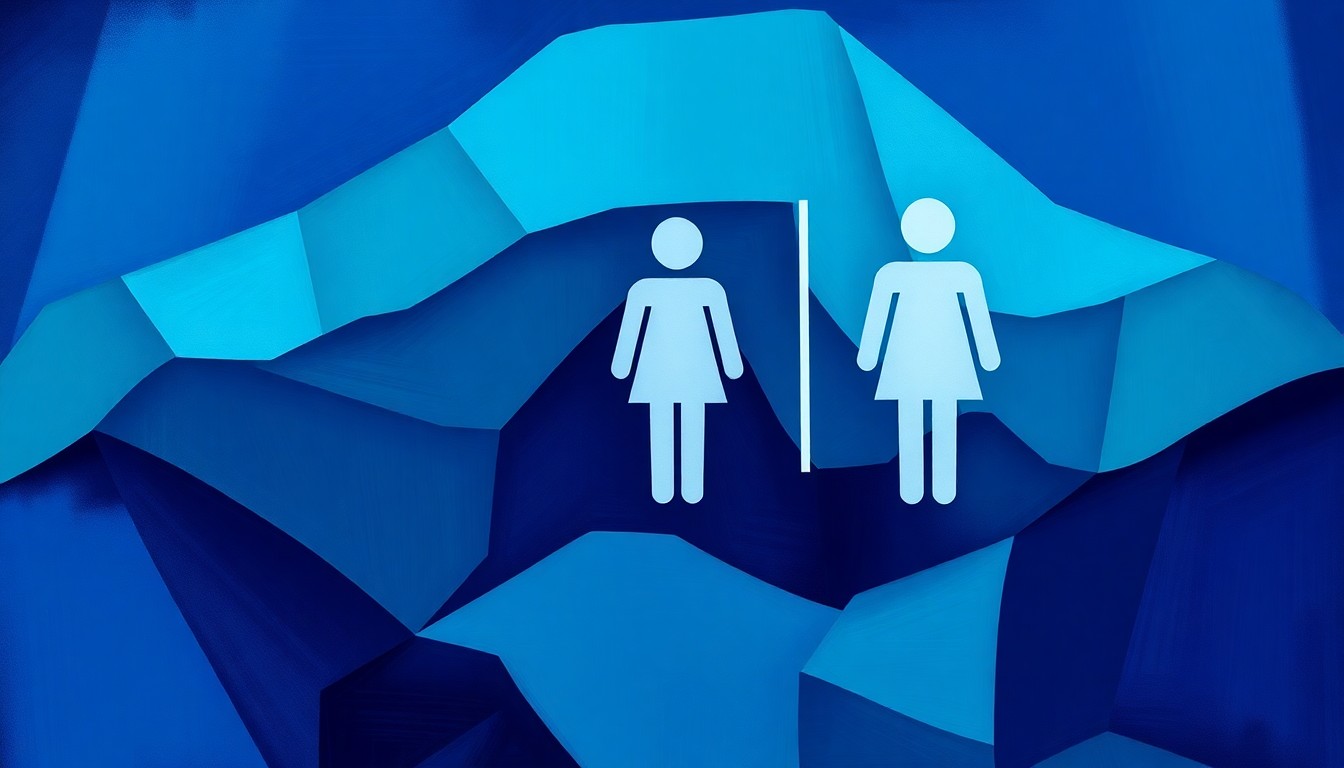 A dynamic, abstract painting of a gender-neutral bathroom sign in overlapping, fractured geometric shapes and vibrant colors, conceptually representing the complex and divisive issues surrounding transgender policies in schools.