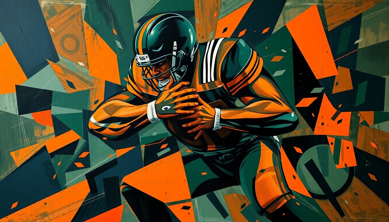 A fragmented, cubist-style painting depicting the explosive movements and collisions of a defensive lineman, with sharp, overlapping geometric shapes in a palette of dark navy, forest green, and burnt orange, representing the complex contract negotiations between the player and his team.