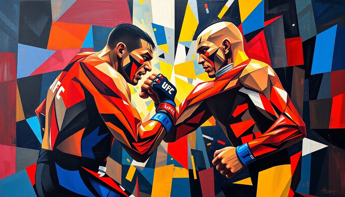 A cubist, geometric painting depicting abstracted, fragmented forms of UFC fighters in action, conveying the raw energy and tension of the upcoming politically-charged event.