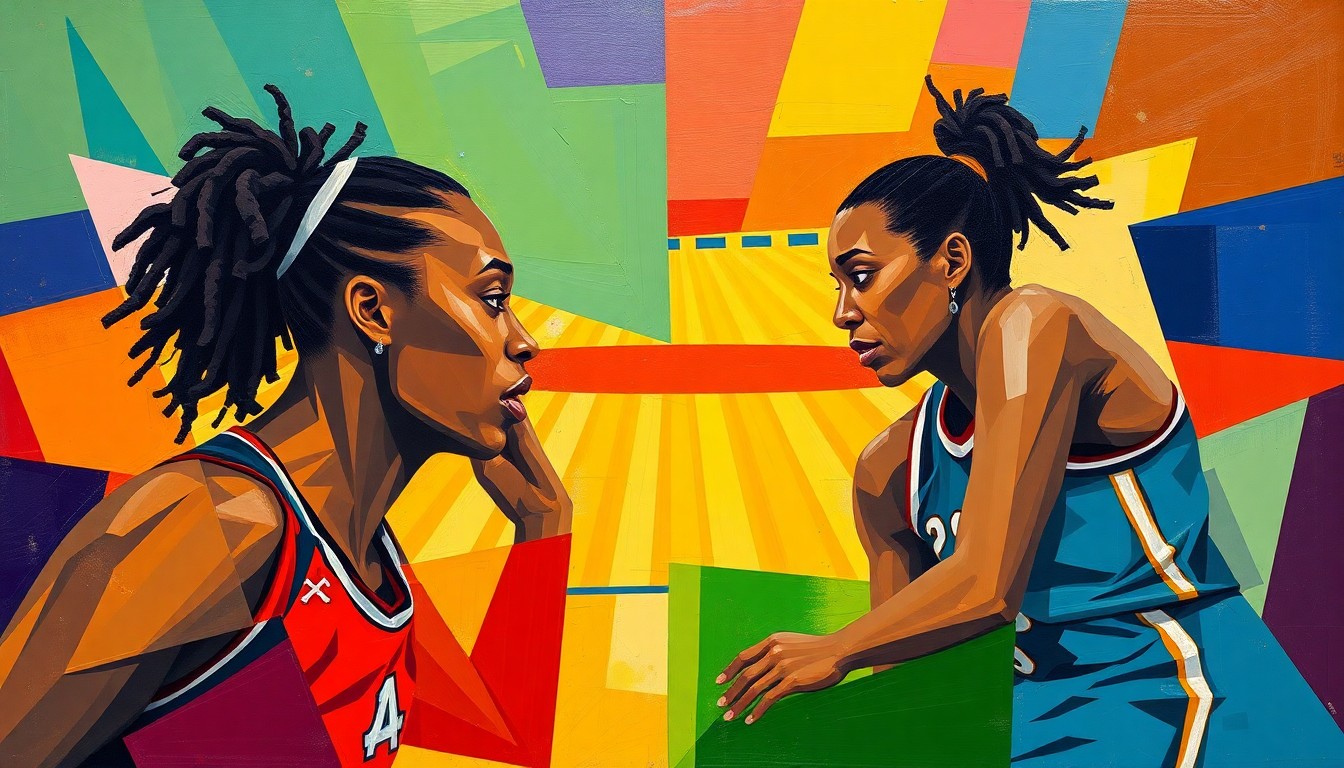 A cubist, geometric painting depicting a WNBA basketball game or match, with the players' movements and actions broken down into sharp, overlapping planes of color, capturing the intensity and energy of the competition.