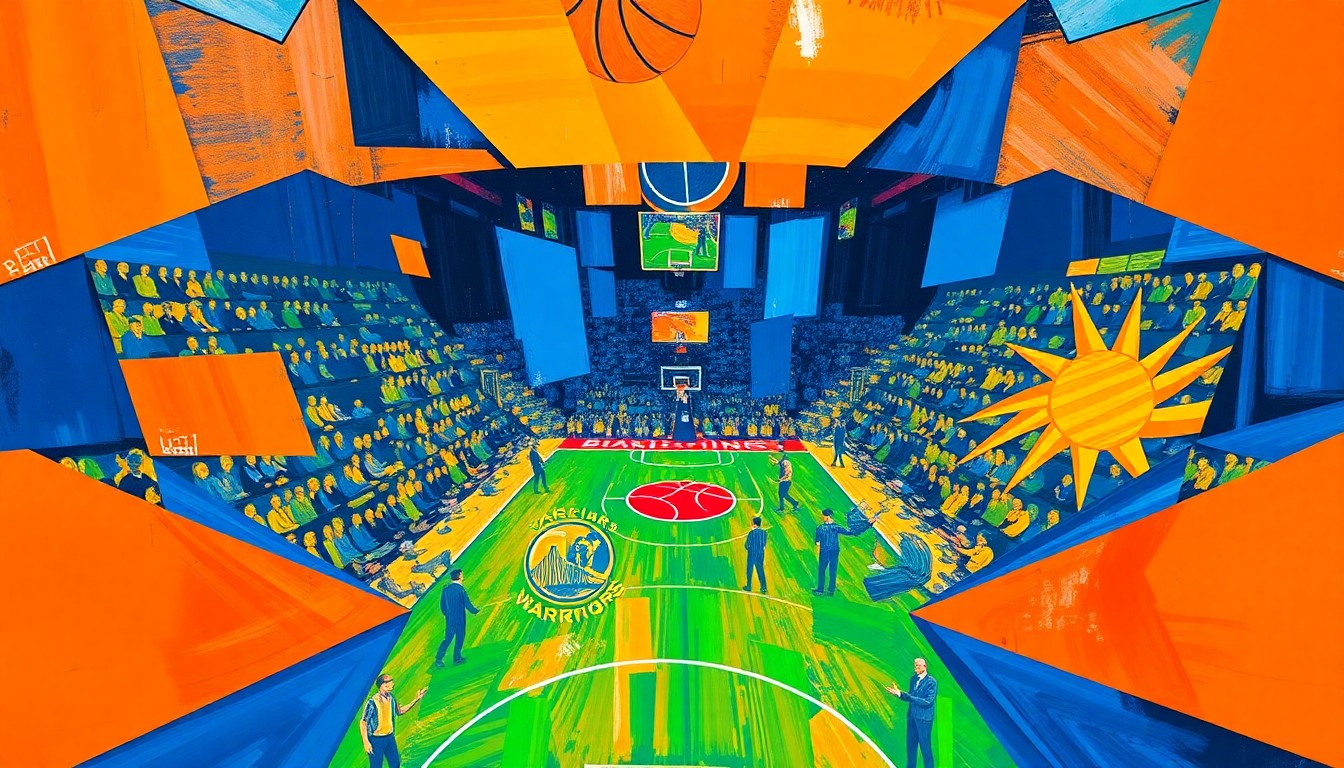 A fragmented, geometric painting depicting the chaotic energy of a heated basketball game, with sharp planes of color and overlapping shapes representing the players' movements and emotions.