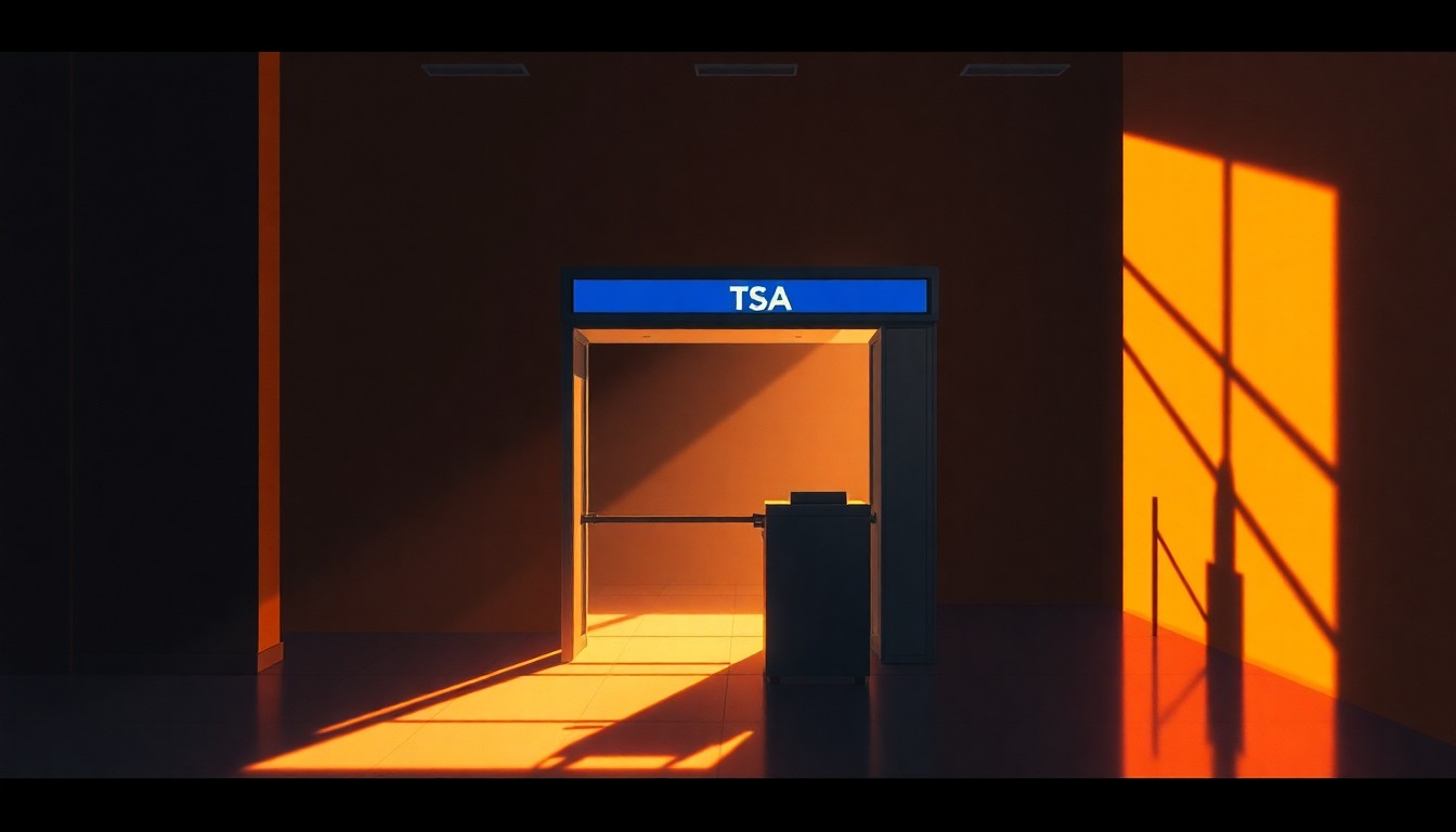 A photorealistic oil painting depicting a solitary TSA security checkpoint booth in a dimly lit airport terminal, the booth bathed in warm, diagonal sunlight and deep shadows, conveying a melancholy and uncertain mood about the future of airport security.