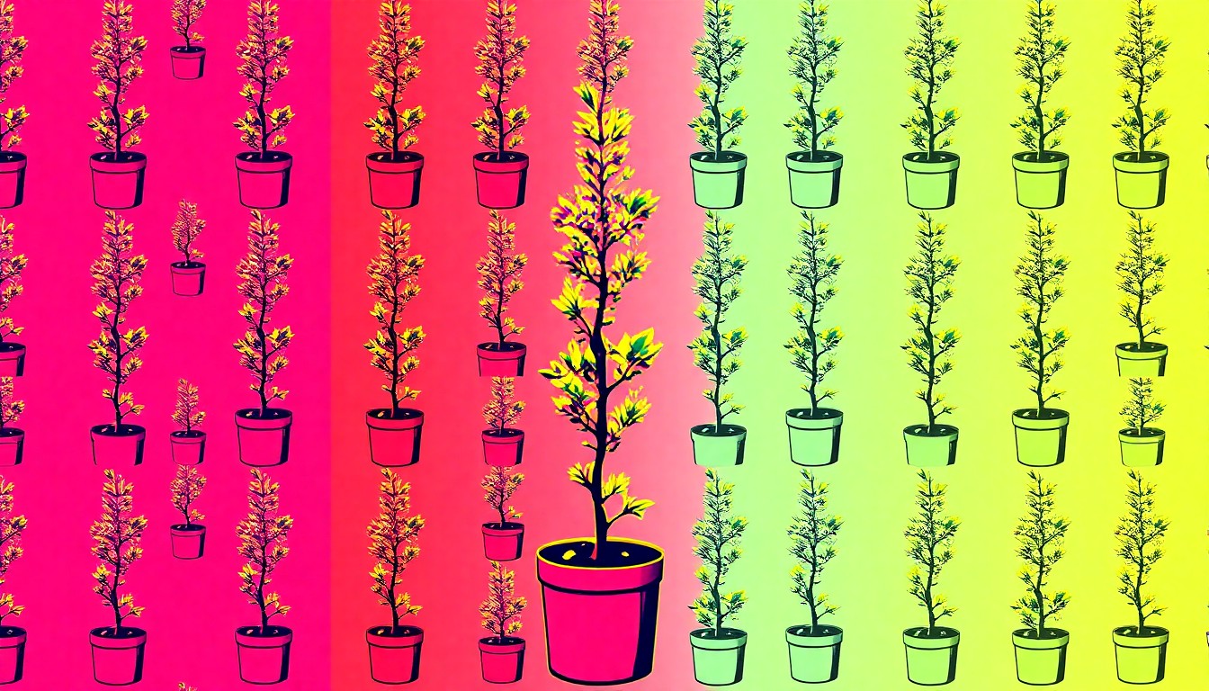 A bold, colorful silkscreen-style illustration featuring multiple repeating images of a young tree sapling in a planting pot, rendered in a vibrant, high-contrast palette that captures the celebratory spirit of Pasadena's Arbor Day event.